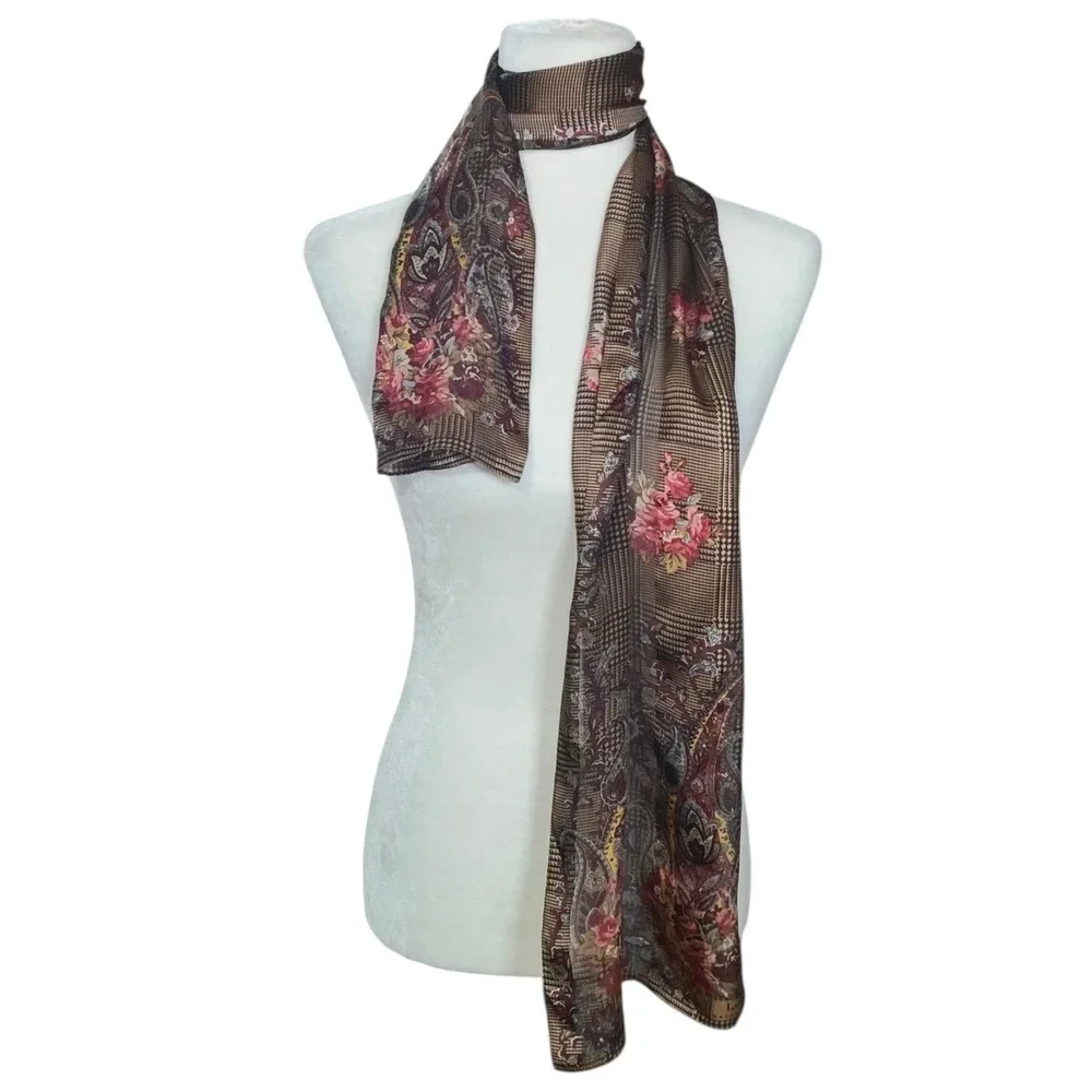 Lauren Ralph Lauren‎ 100% Silk Scarf Floral Paisley Brown Gold Rectangle Preppy